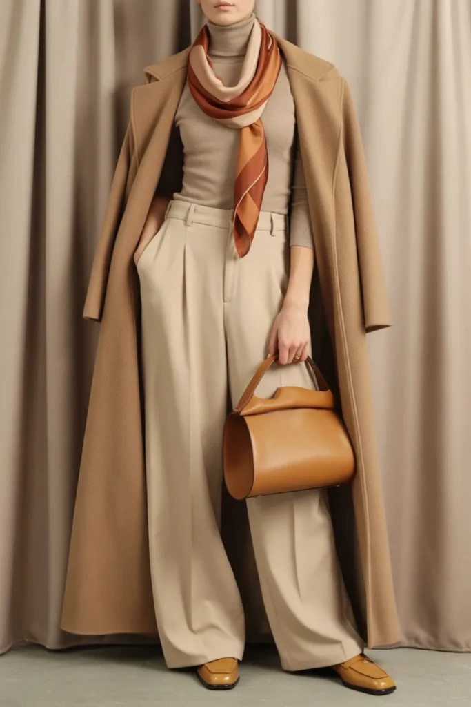  Layered Neutrals with Silk Scarf