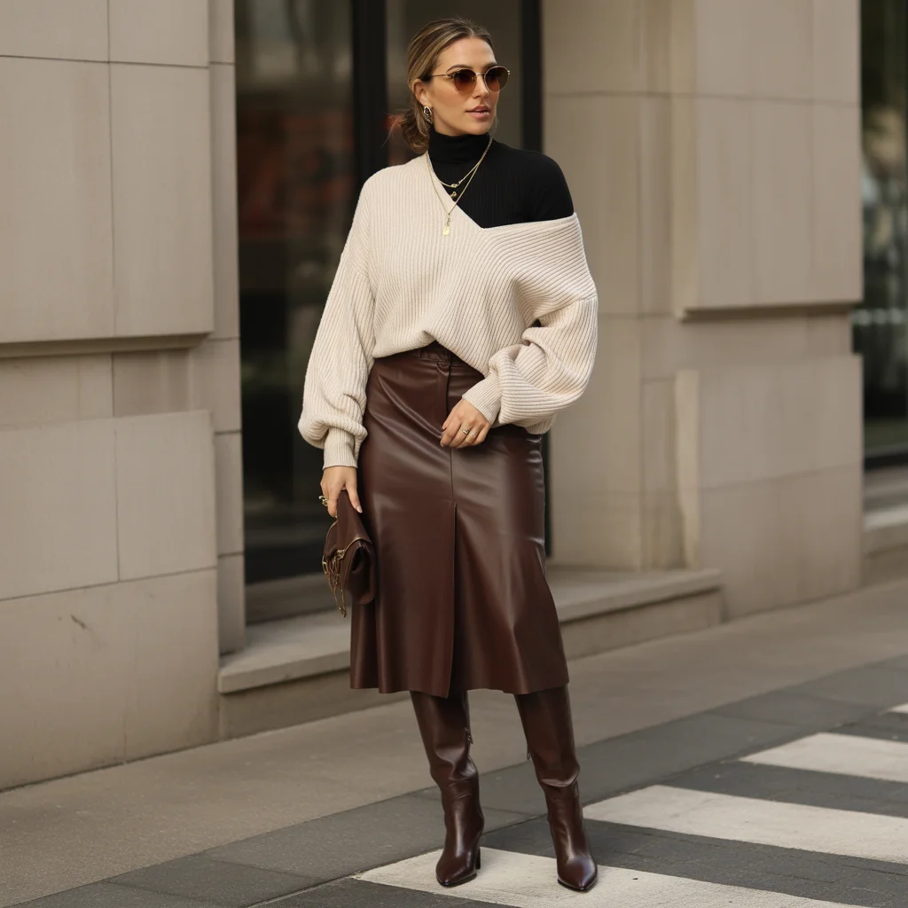 Layered Turtleneck with Midi Skirt and Boots