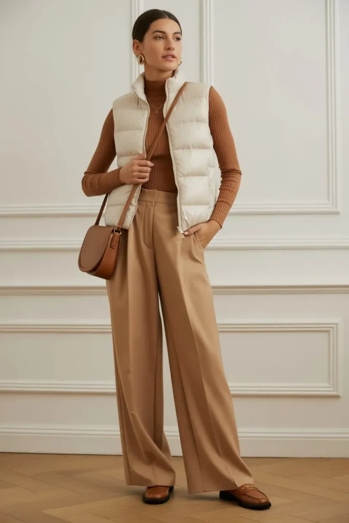  Layered Vest Look with Wide-Leg Trousers