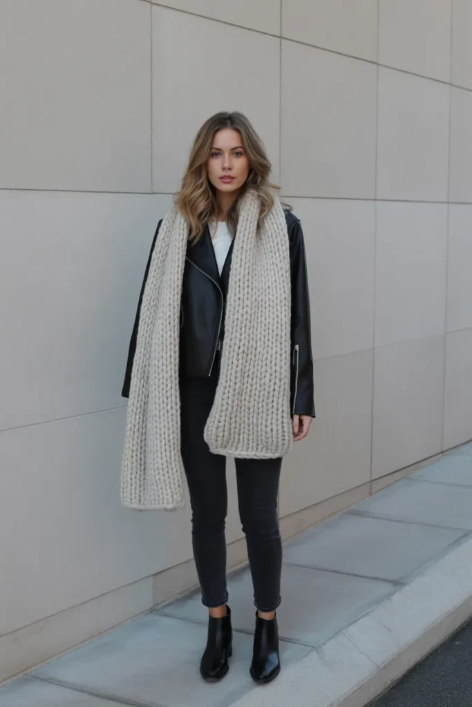 Leather Jacket Layered with Oversized Cozy Scarf