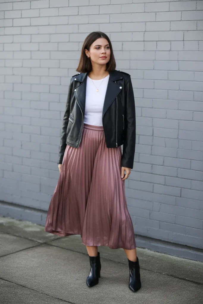 Leather Jacket With Flowing Midi Skirt