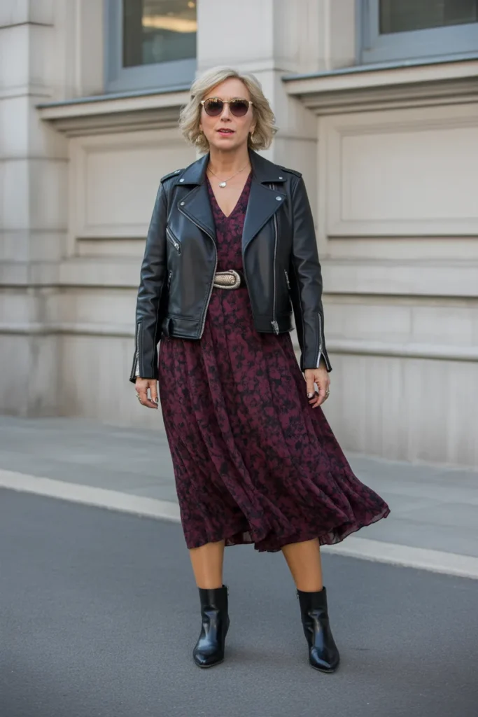 Leather Jacket with Floral Midi Dress
