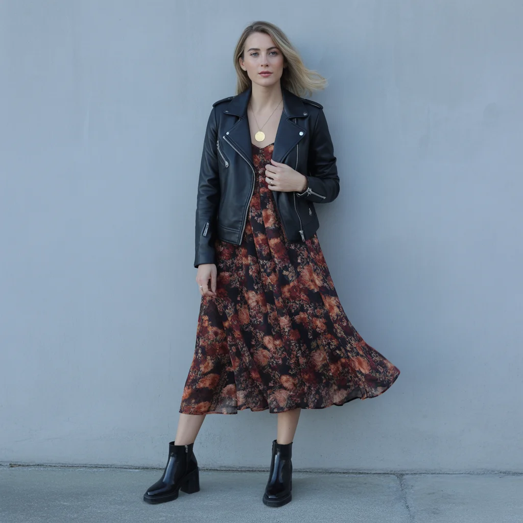 Leather Jacket with Floral Midi Dress and Boots