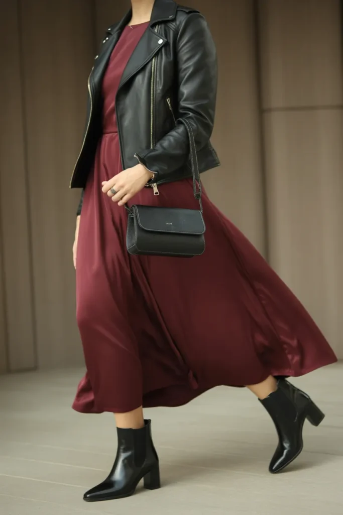 Leather Jacket with Midi Dress