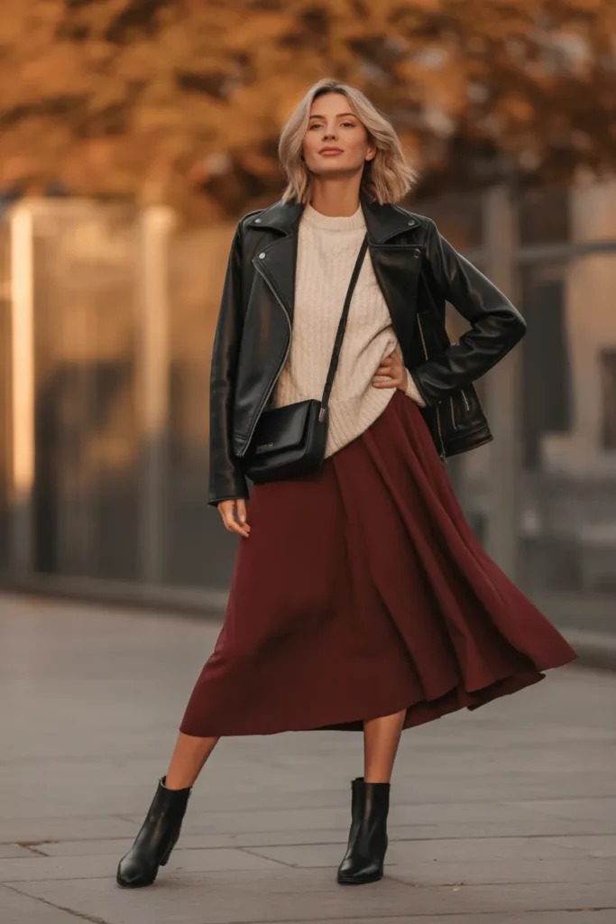  Leather Jacket with Midi Skirt Combo