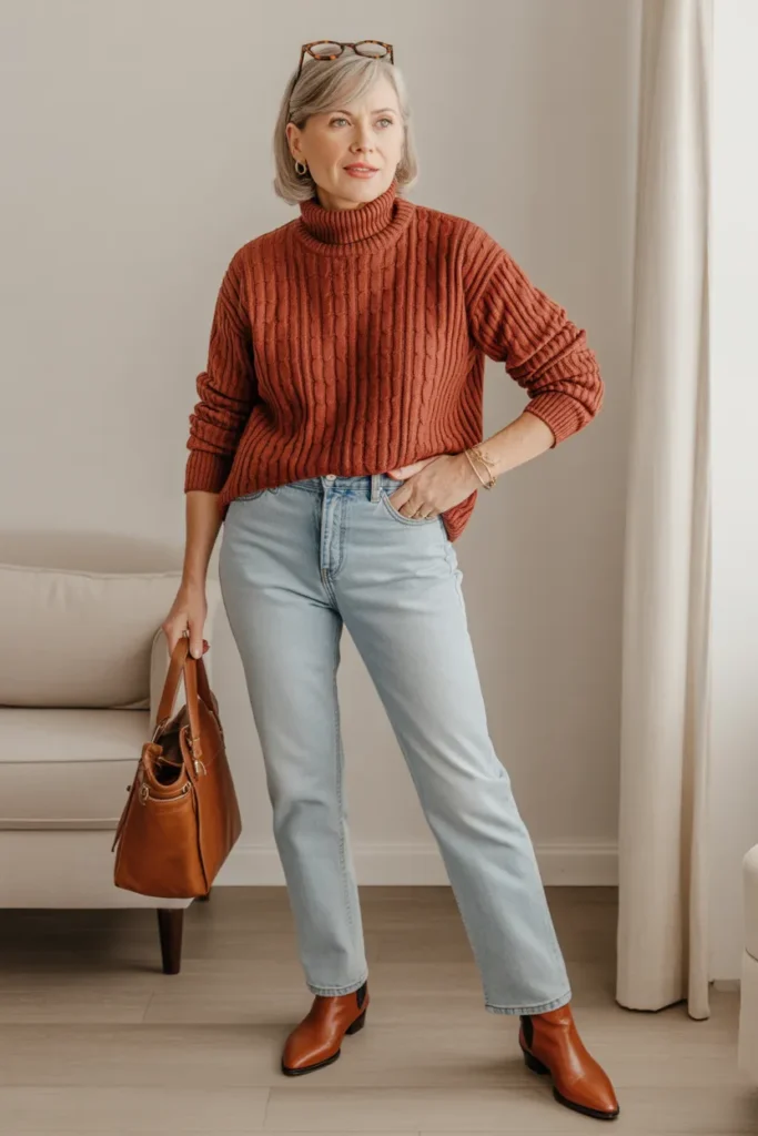 Light Wash Jeans with Rust Colored Sweater