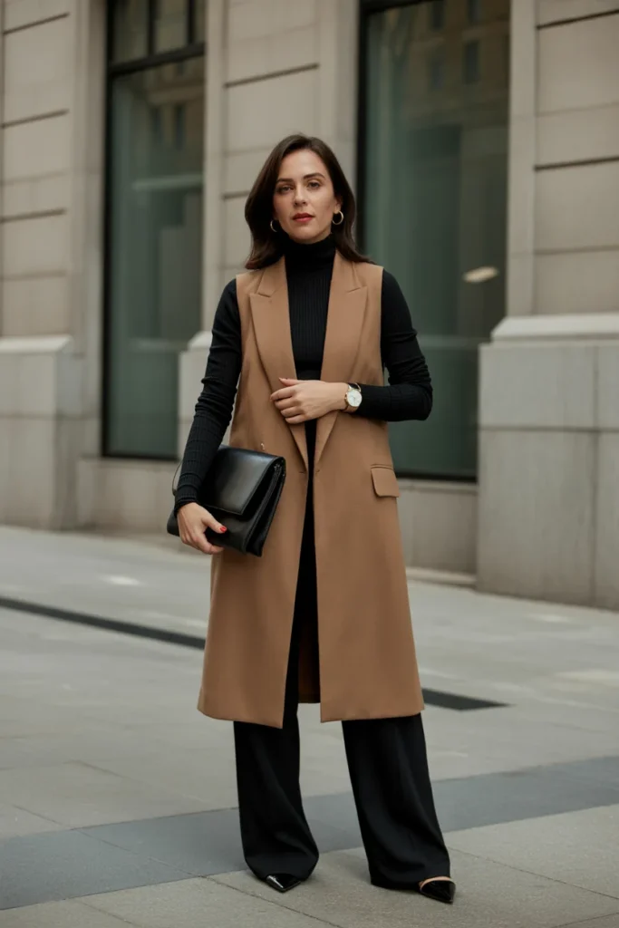 Long Vest with Turtleneck and Trousers