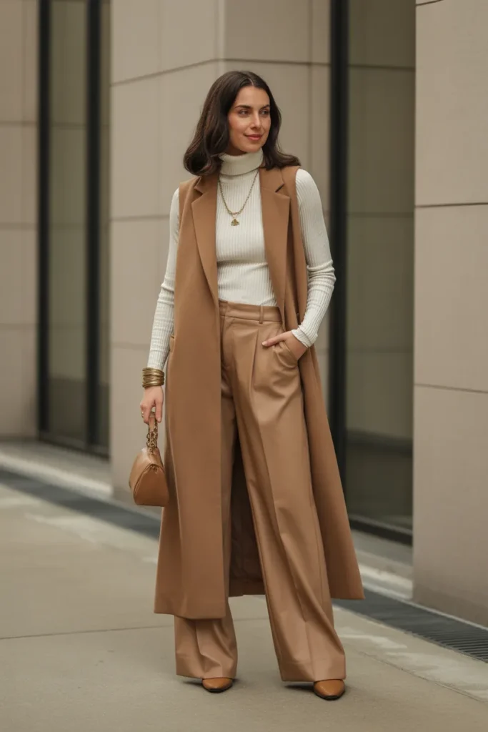 Longline Vest Layered Over Turtleneck Sweater