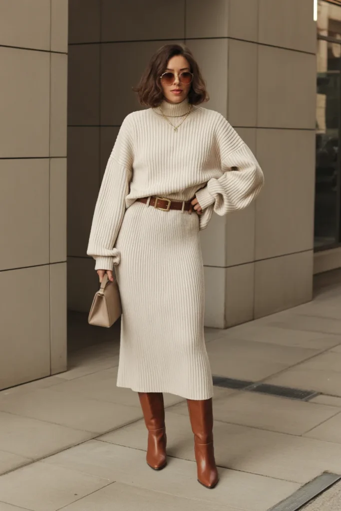 Matching Textured Knit Sweater and Skirt Set