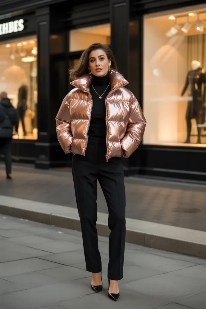 Metallic Rose Gold Puffer with All-Black Base
