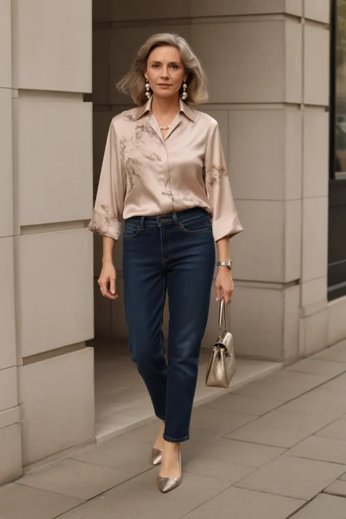 Mid-Rise Jeans with Elegant Blouse