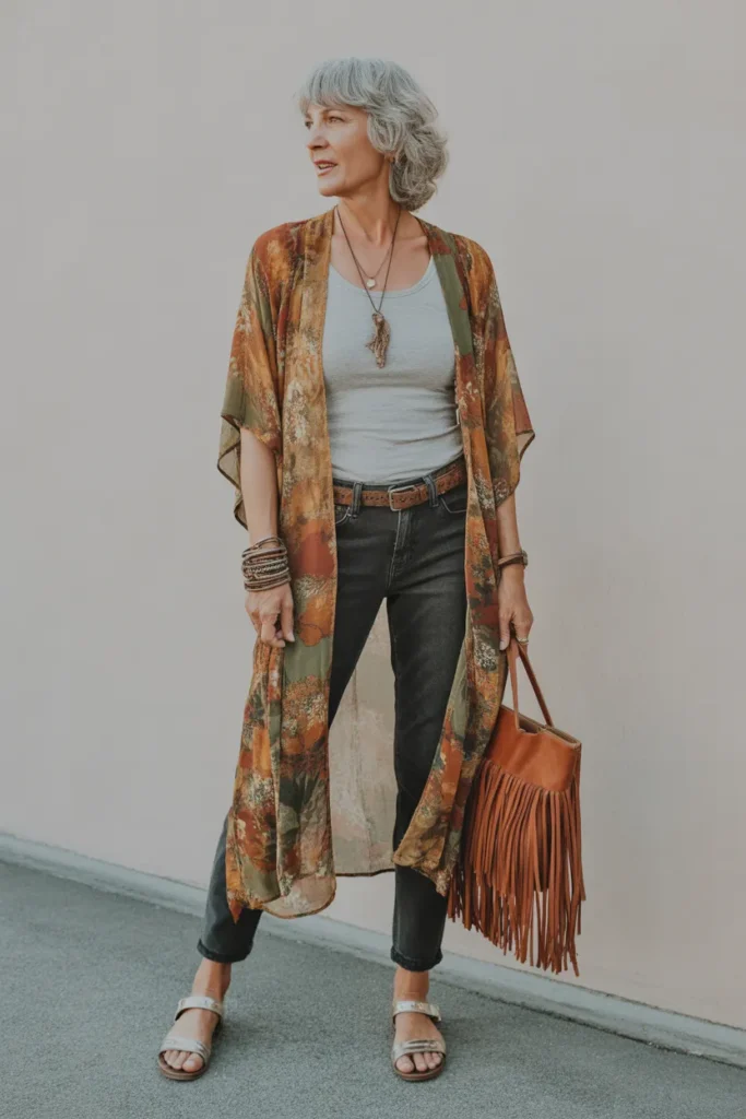 Mid-Rise Jeans with Flowy Kimo