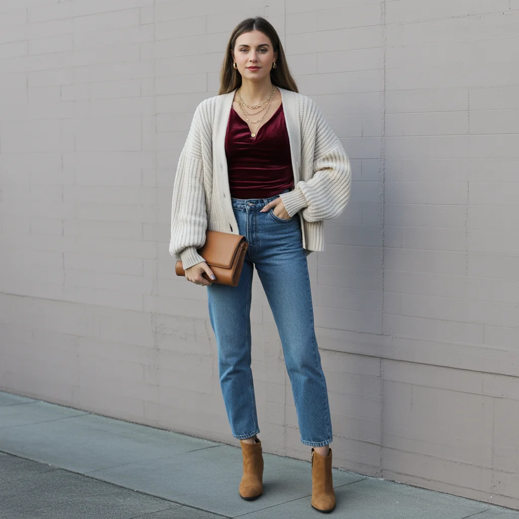 Mixed Textures Fall Ensemble with Denim