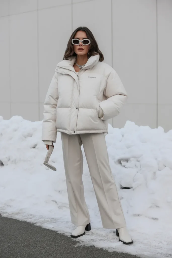 Monochromatic All-White Winter Puffer Look