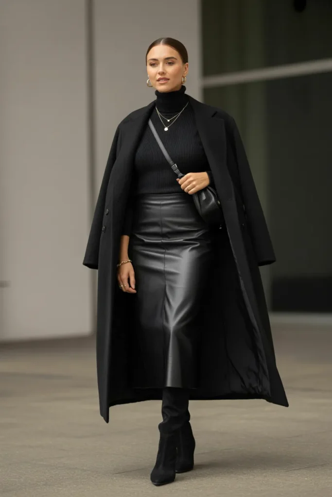 Monochrome Black Turtleneck and Midi Skirt