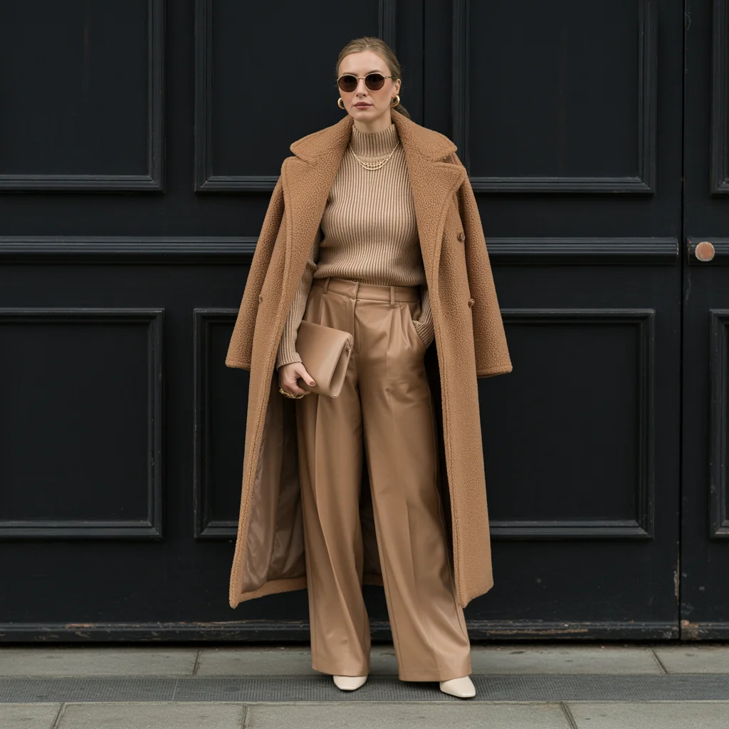 Monochrome Camel Outfit with Layered Textures