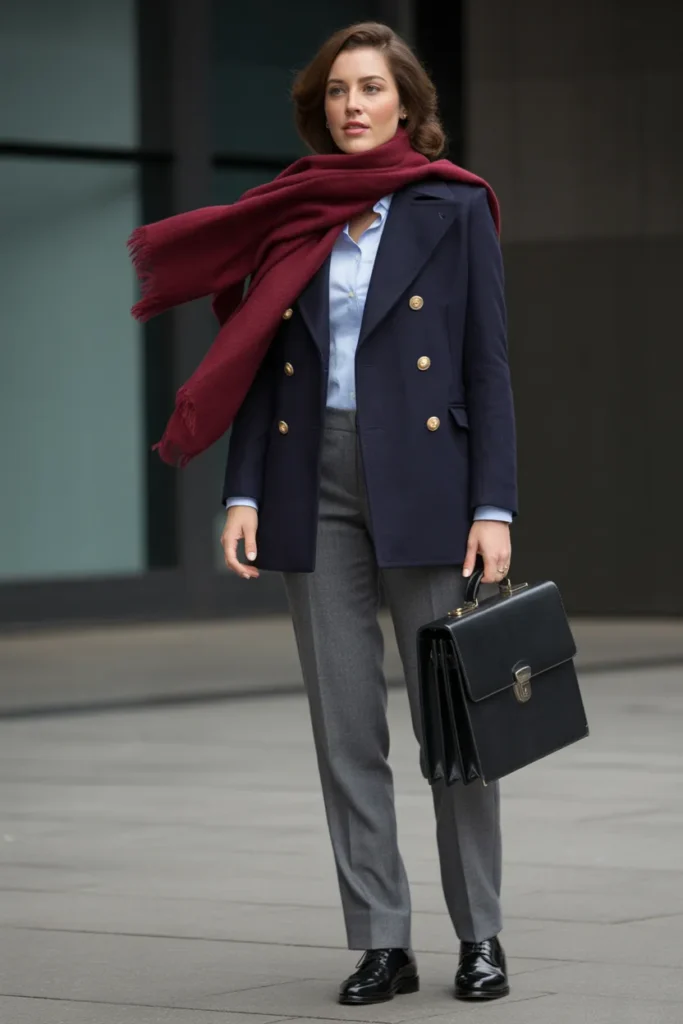 Navy Peacoat with Grey Flannel Trousers