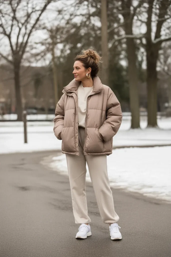 Neutral Beige Puffer with Cozy Athleisure Set