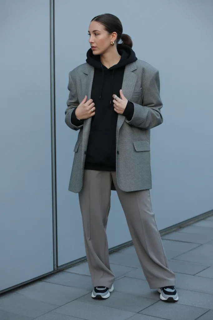 Oversized Blazer Layered Over Casual Hoodie