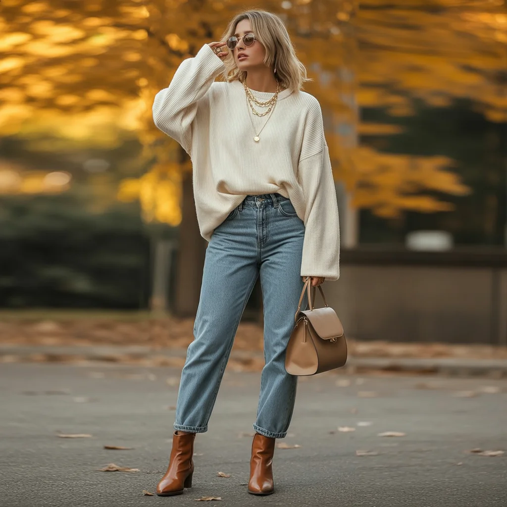 Oversized Cream Knit Sweater with High-Waisted Denim