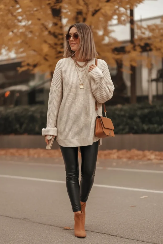 Oversized Cream Sweater with Leather Leggings