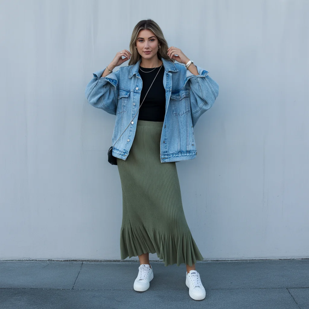 Oversized Denim Jacket with Maxi Knit Skirt