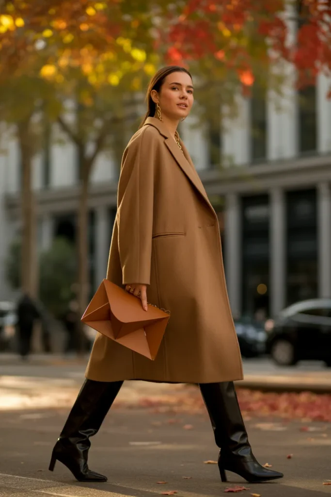Oversized Wool Coat with Leather Knee-High Boots