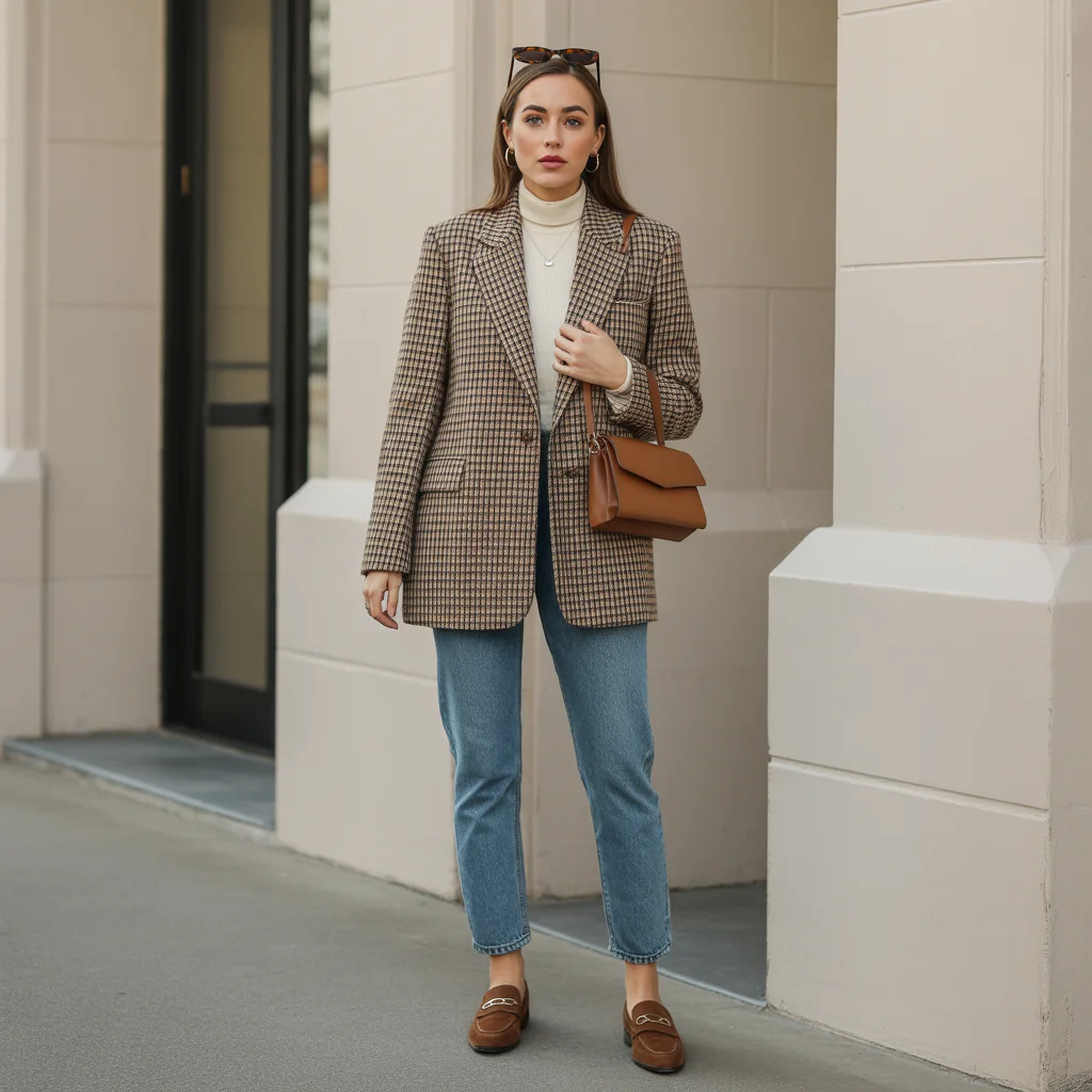 Plaid Blazer with Cream Turtleneck and Straight Jeans