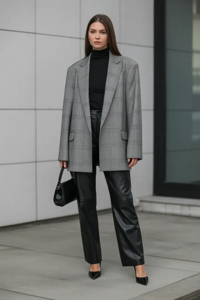 Plaid Blazer with Sleek Leather Pants