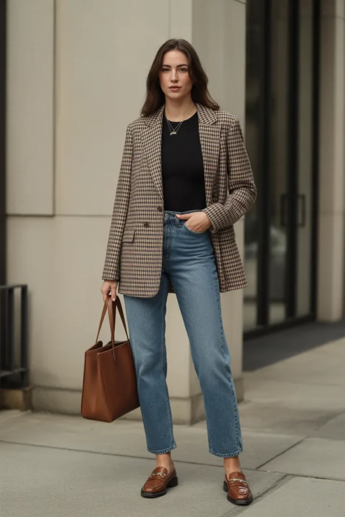 Plaid Blazer with Straight-Leg Denim