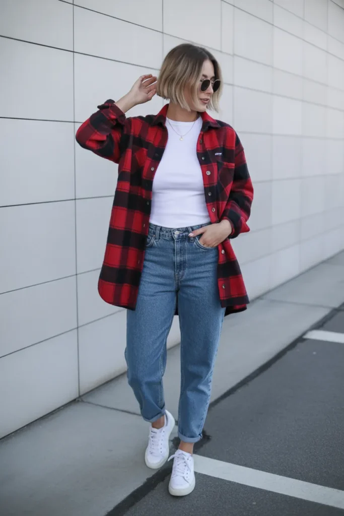 Plaid Flannel Shirt Layered Over White Tee 