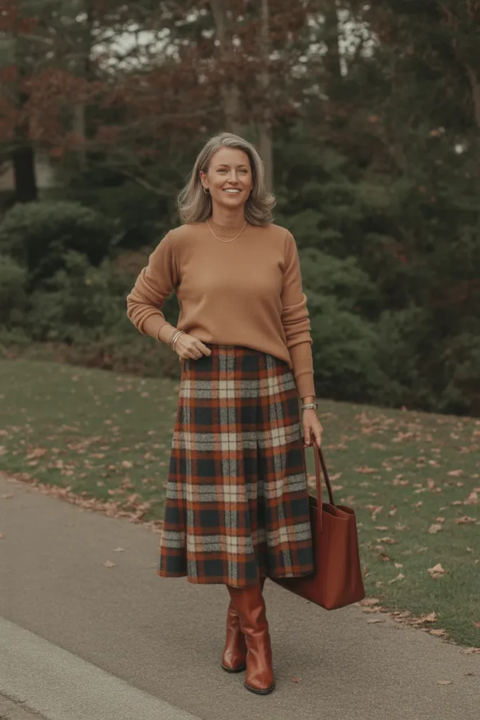 Plaid Midi Skirt with Cashmere Sweater