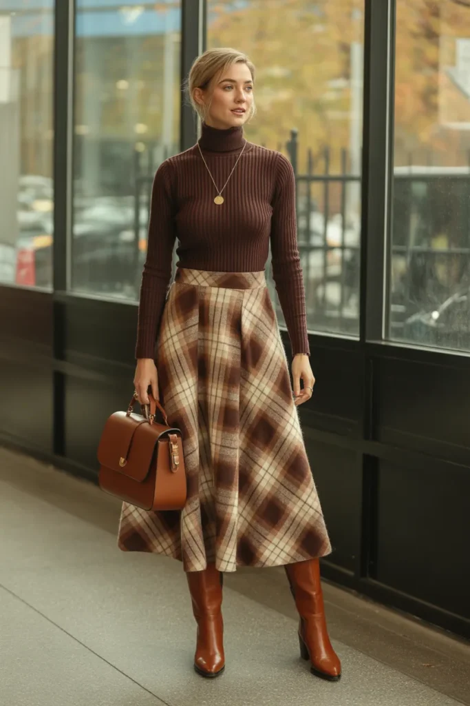 Plaid Midi Skirt with Cozy Turtleneck