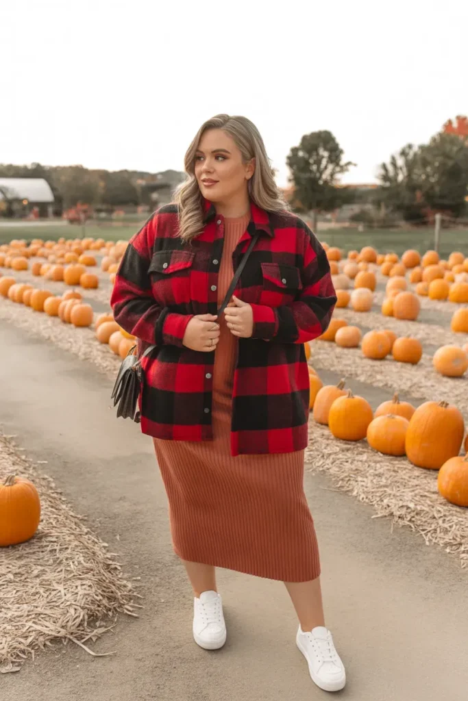Plaid Shacket Over Midi Dress