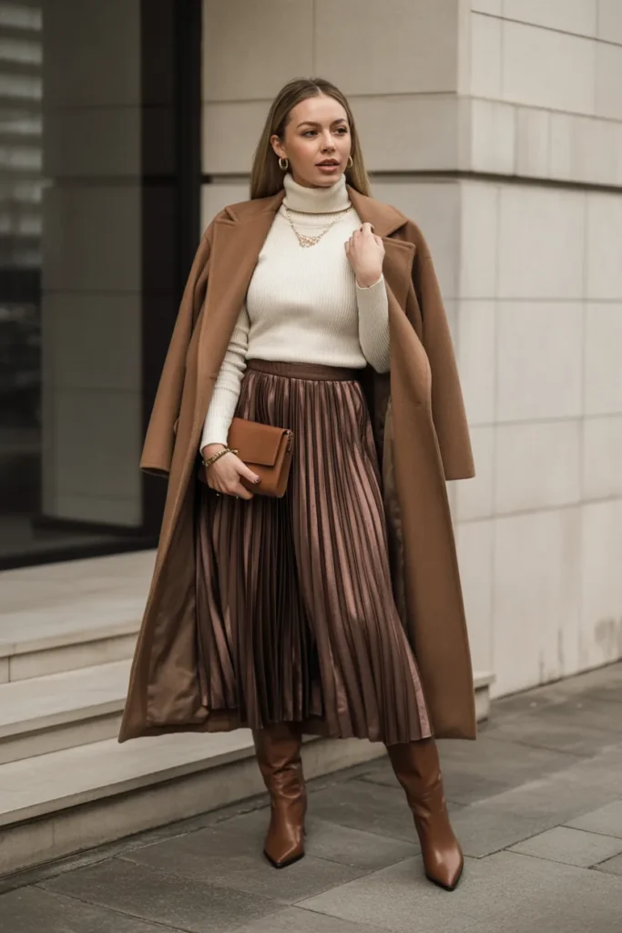 Pleated Midi Skirt with Tall Boots