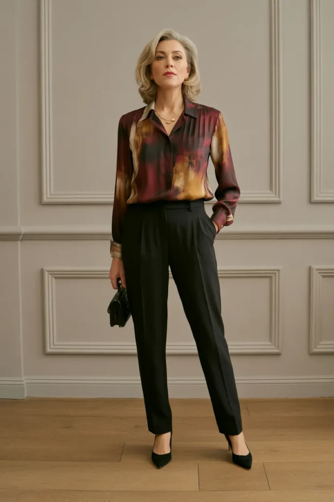 Printed Blouse with Tailored Pants