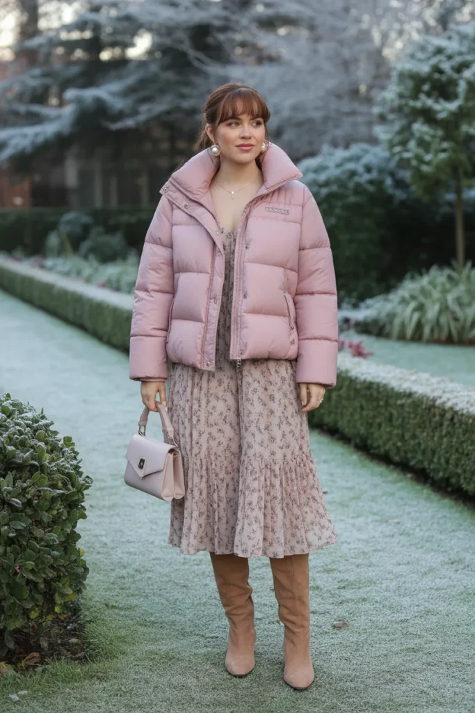 Puffer Jacket Styled with Elegant Midi Dress