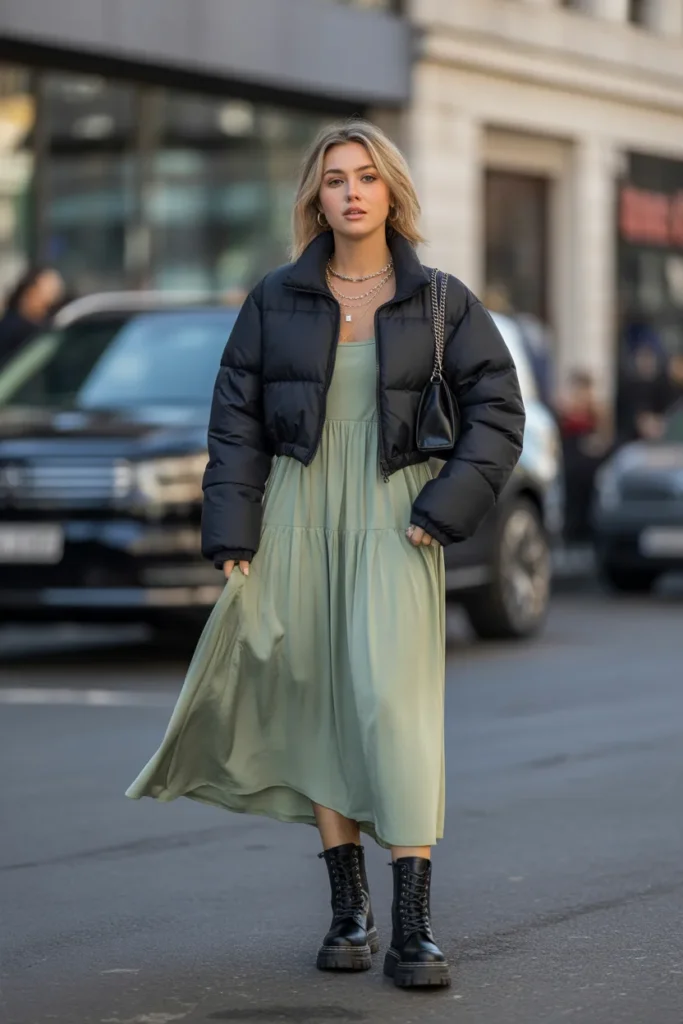 Puffer Jacket Styled with Flowing Midi Dress