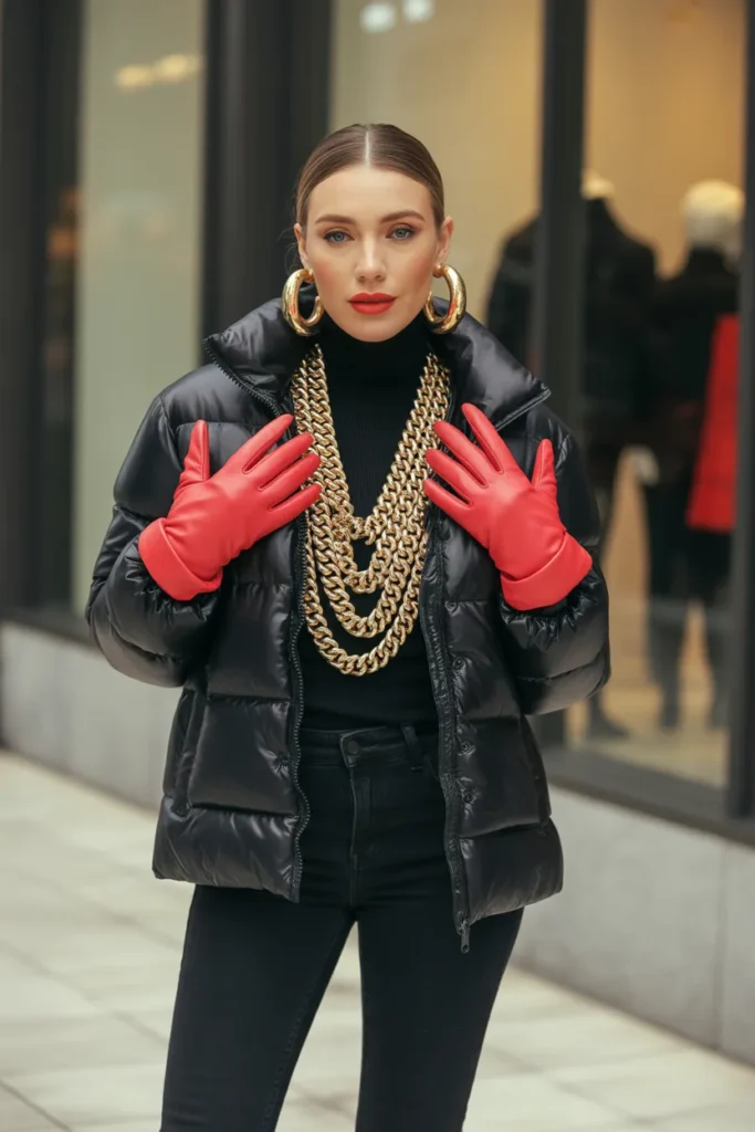Puffer Jacket with Dramatic Statement Accessories