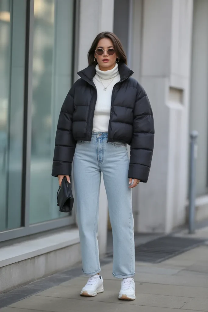 Puffer Jacket with Straight-Leg Jeans