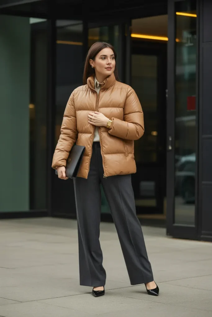 Puffer Jacket with Wide-Leg Tailored Trousers