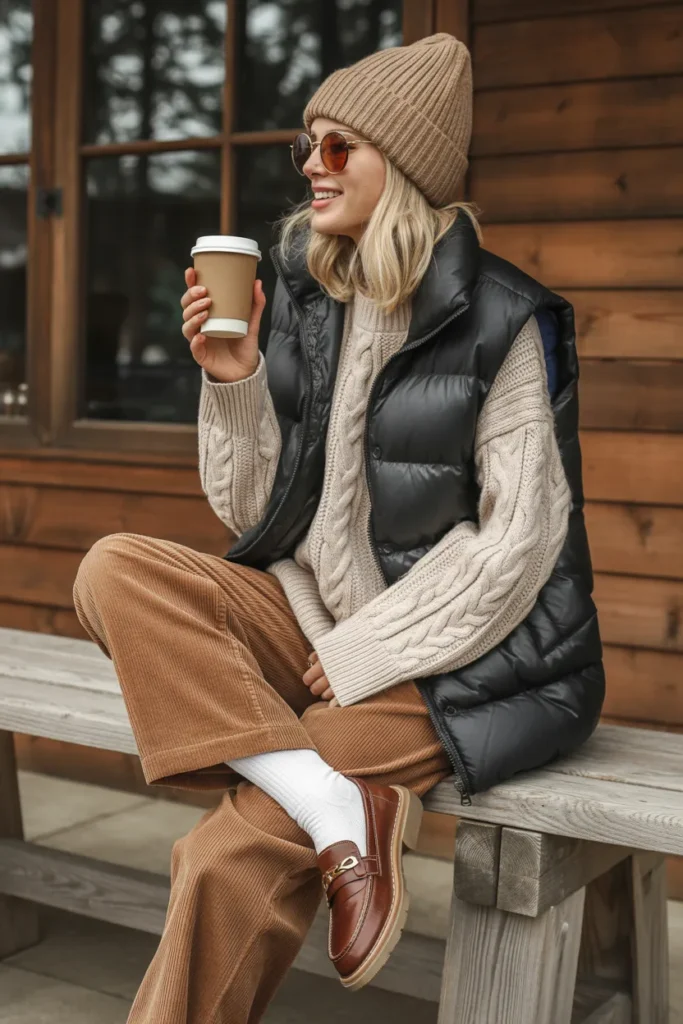 Puffer Vest Layered Over Chunky Knit Sweater