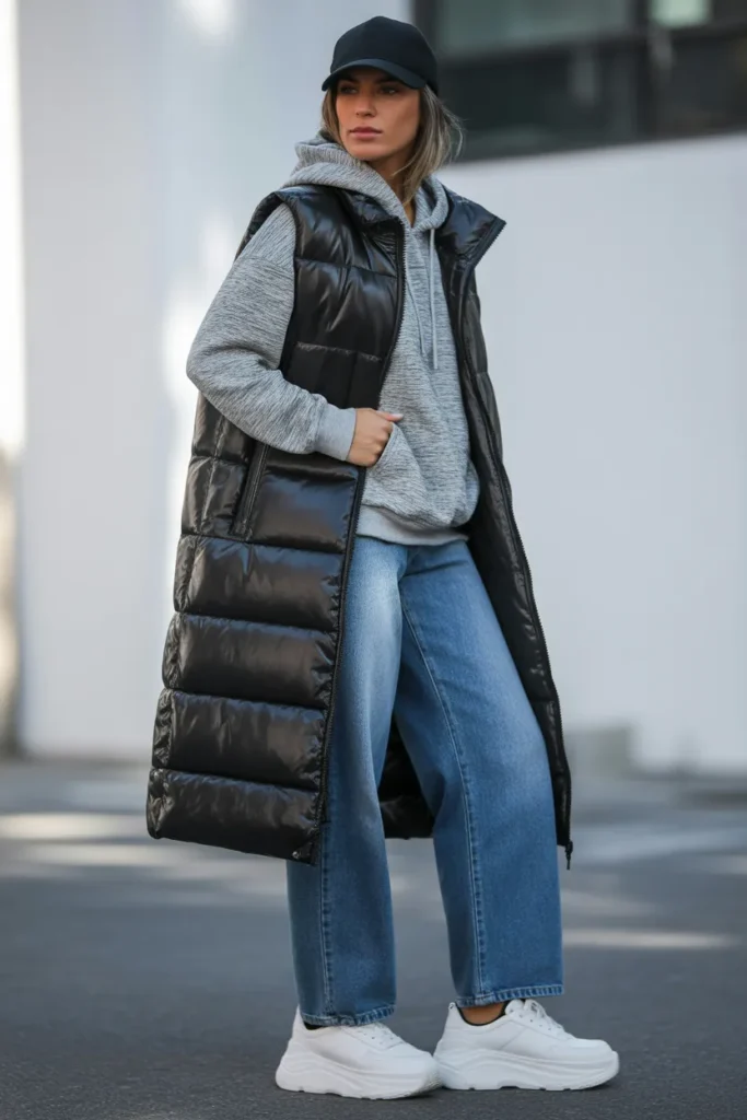 Puffer Vest Layered Over Hoodie