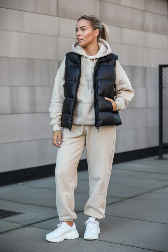 Puffer Vest Layered Over Hoodie