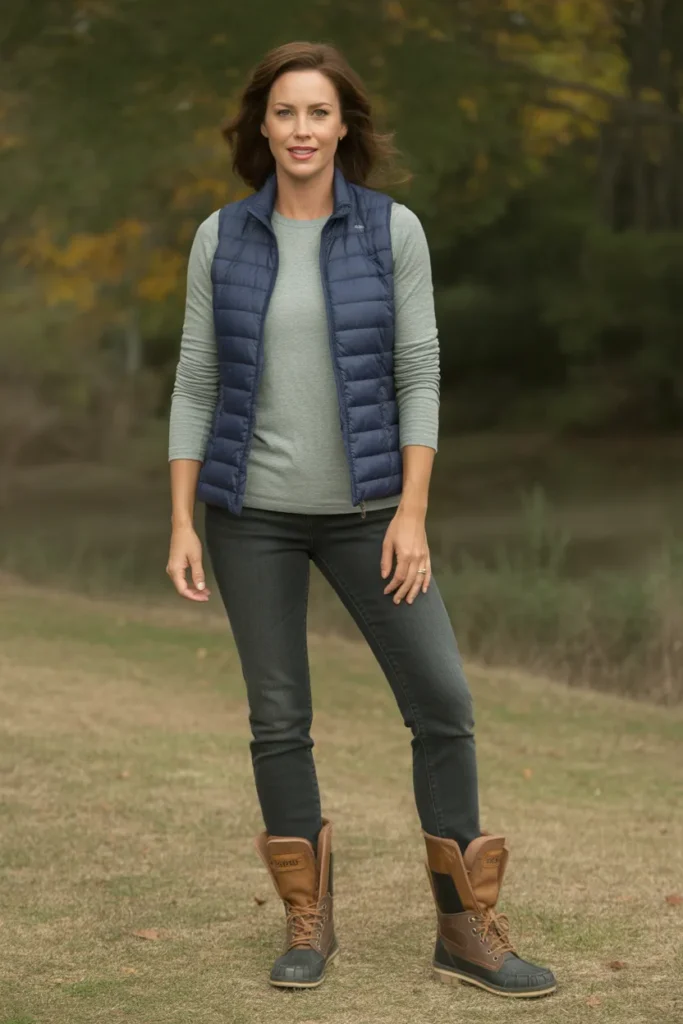 Puffer Vest Layered Over Long-Sleeve Tee
