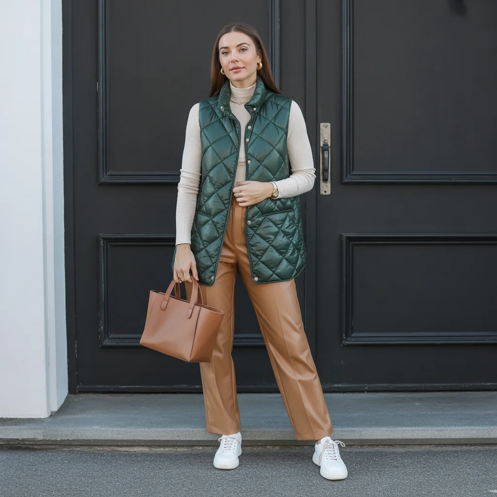 Puffer Vest with Long-Sleeve Basics and Straight Pants
