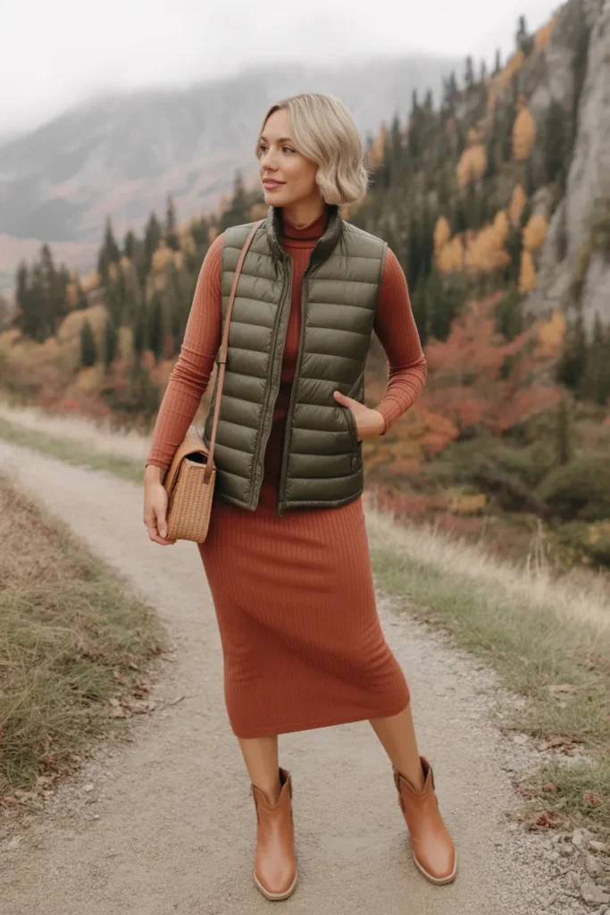 Puffer Vest with Long-Sleeve Dress