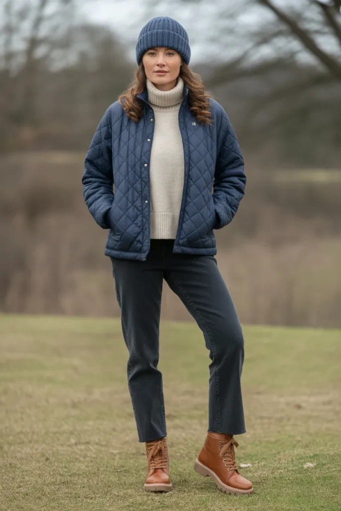 Quilted Jacket With Knit Beanie Combo