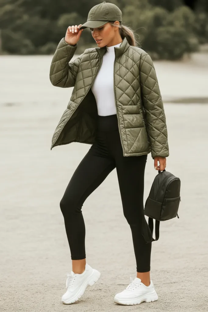 Quilted Jacket With Leggings And Sneakers