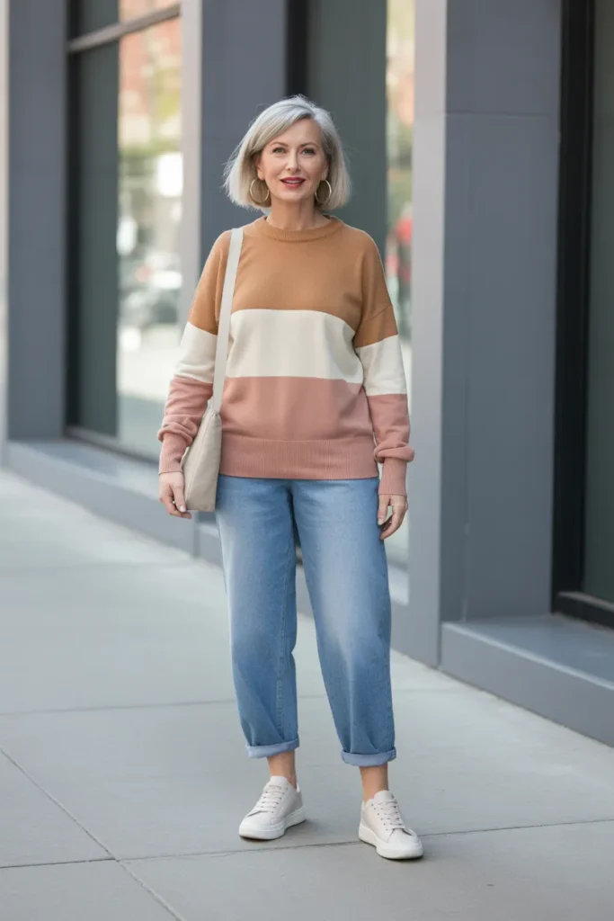 Relaxed Jeans with Color Block Sweater
